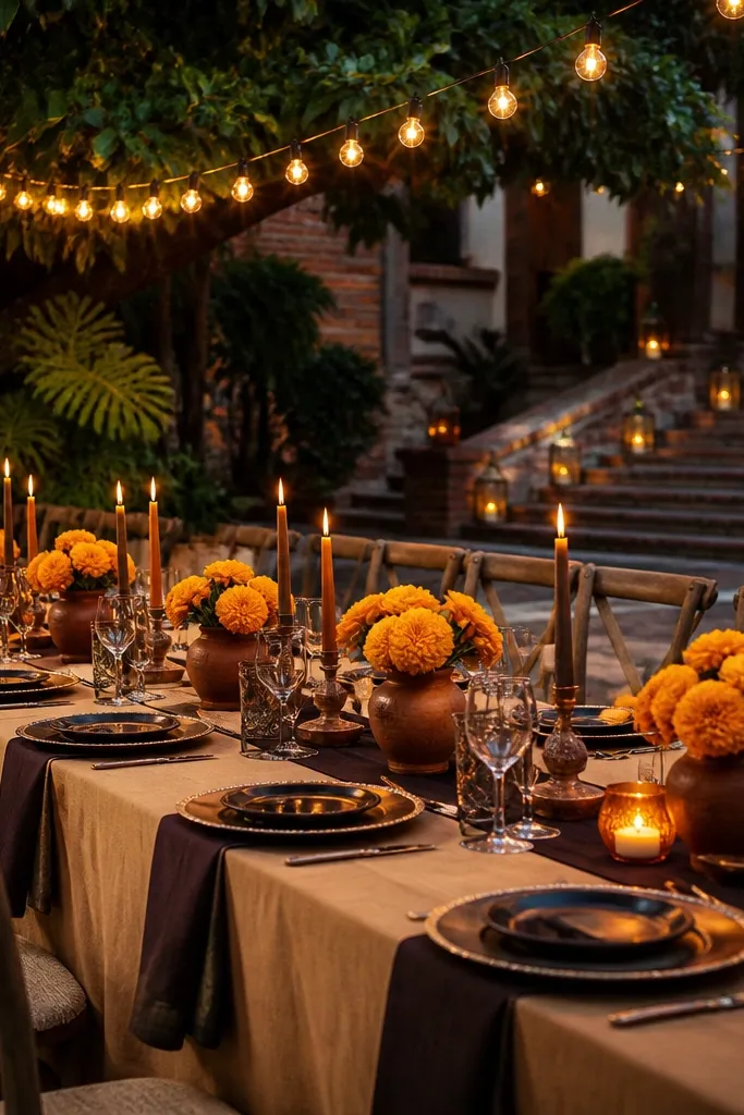 Saffron flowers with camel napkins and dark chocolate table linens