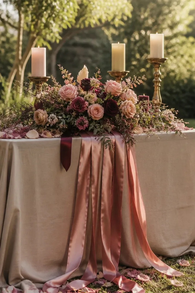 Rosewood pink bridesmaid dresses with taupe linens and antique brass tableware