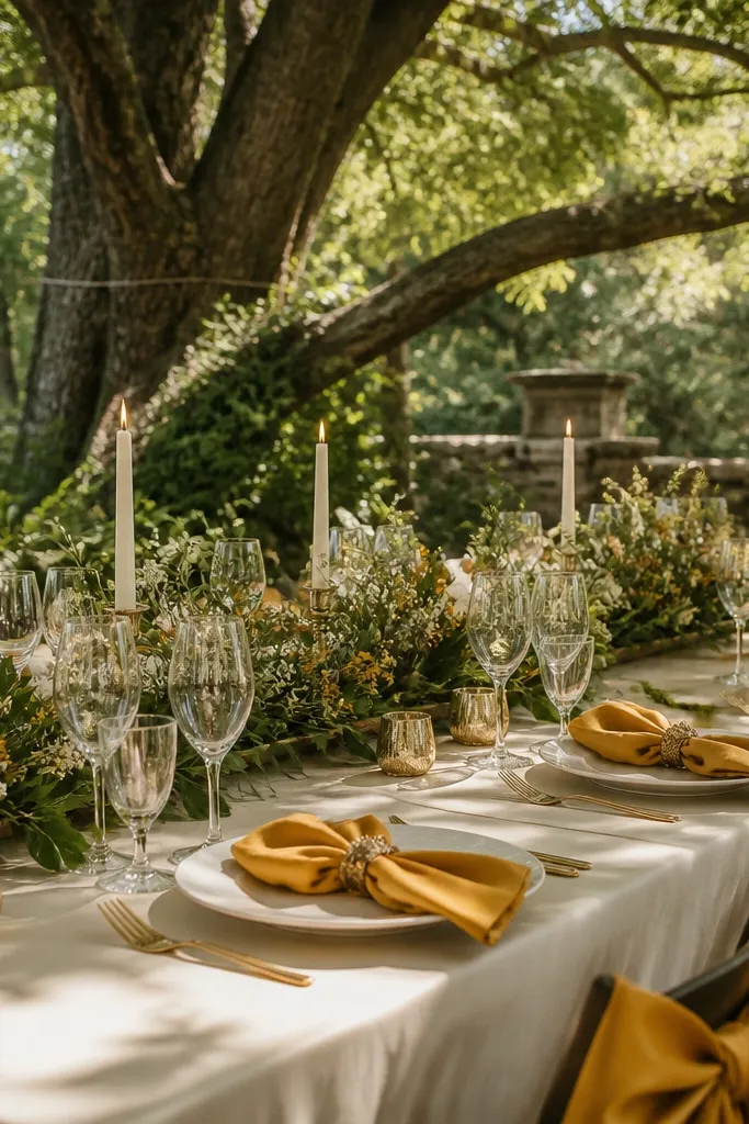 Goldenrod bouquet with deep forest green velvet ribbon and cream napkins