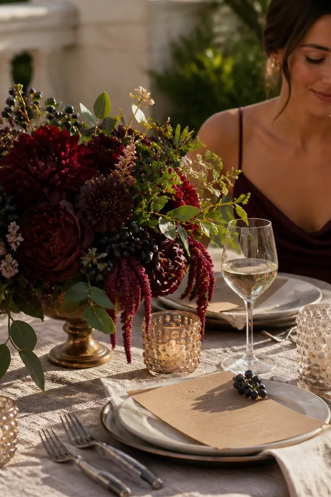Amaretto tan table styling with maroon ember flowers and soft pearl candles