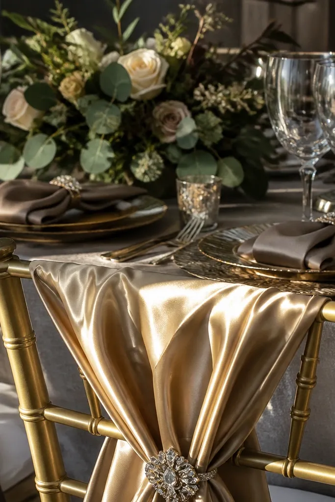 Champagne gold satin with smoky taupe napkins and dark olive greenery