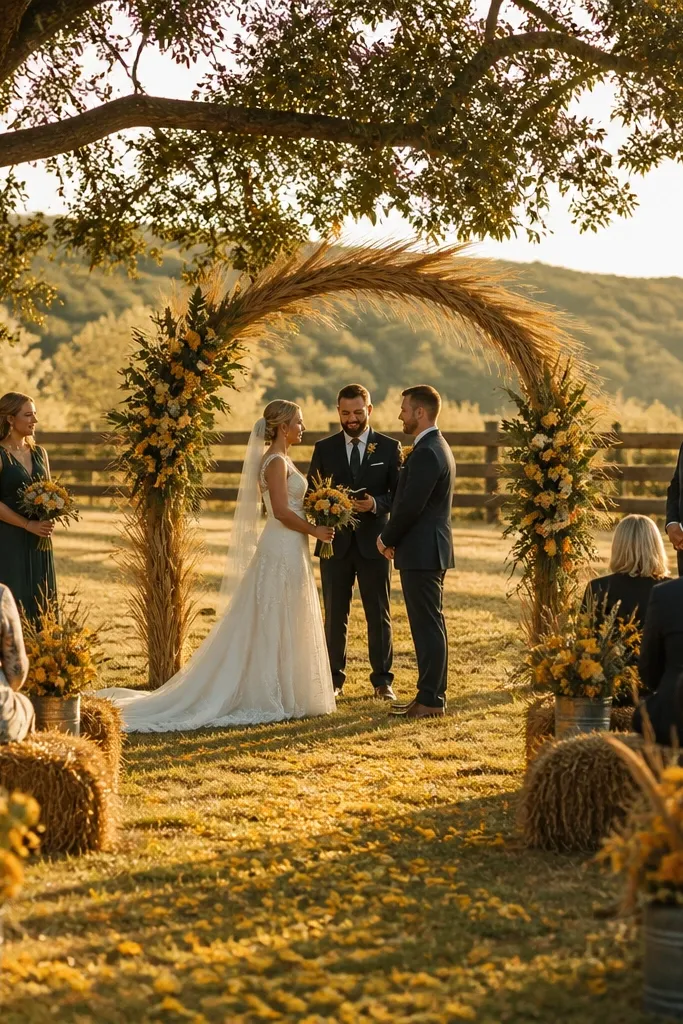 Pecan brown wedding decor with marigold yellow florals and wheat-colored napkins