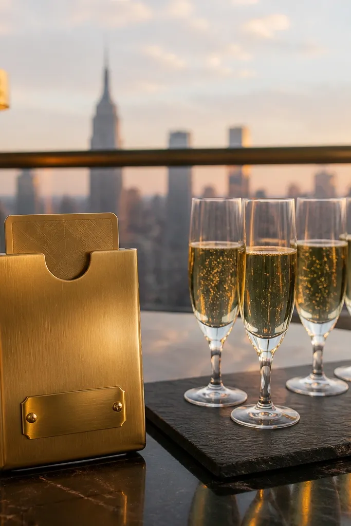 Brass keycard holder beside a rooftop skyline at golden hour