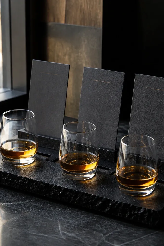 Whisky flight glasses on a dark stone slab with name cards