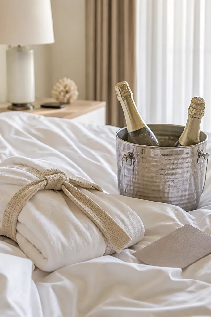 Folded white linen robe with a small champagne bucket on a hotel bed