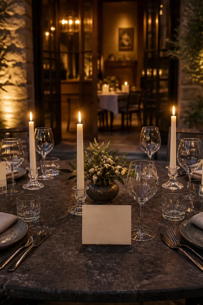 Candlelit table with place cards and name tags in warm lighting