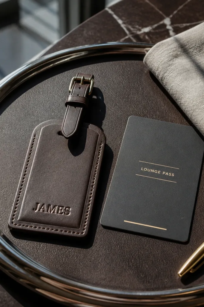 Leather luggage tag beside boarding pass and lounge wristband