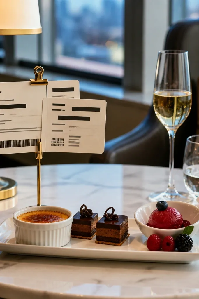 Card styled like a boarding pass next to small dessert plates