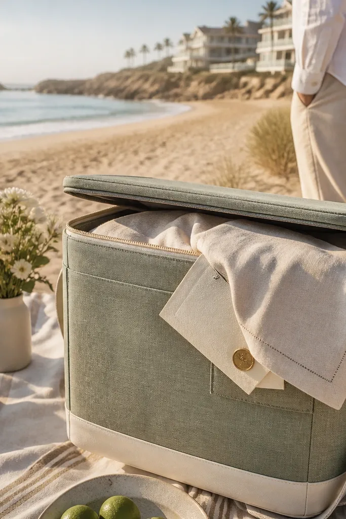 Sand-toned linen picnic blanket with a wrapped cooler and matching napkins