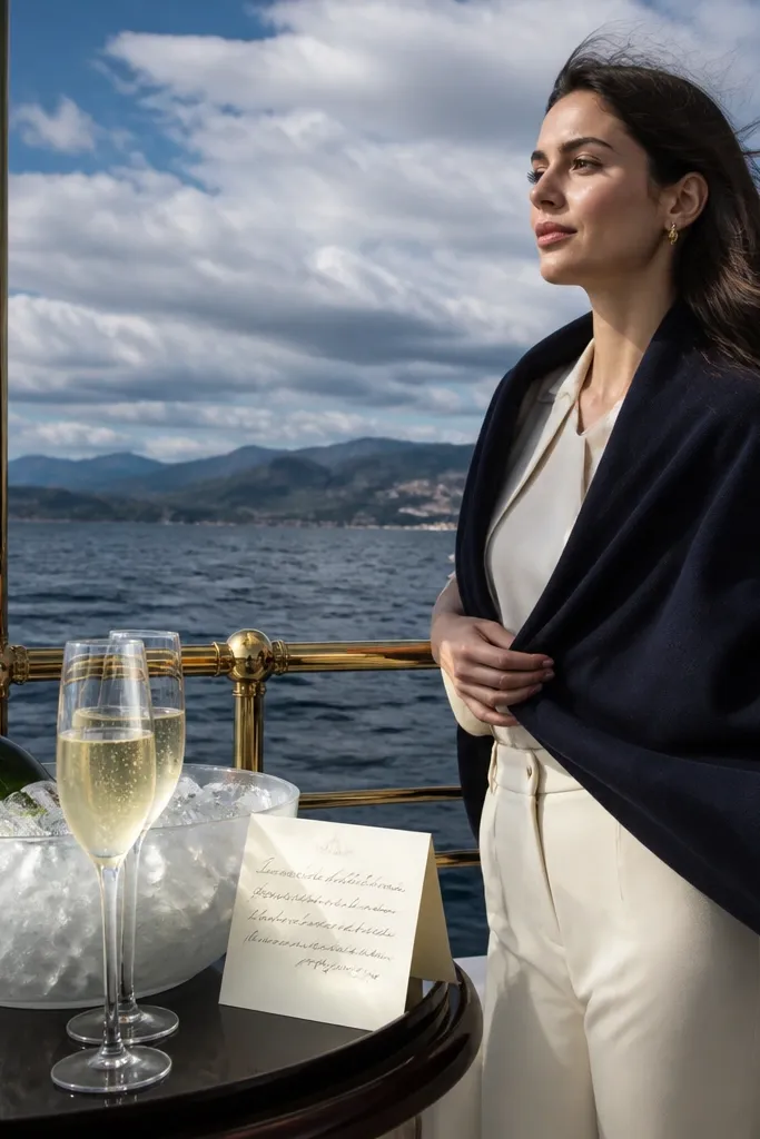 Champagne glasses on a boat deck with a handwritten captain note