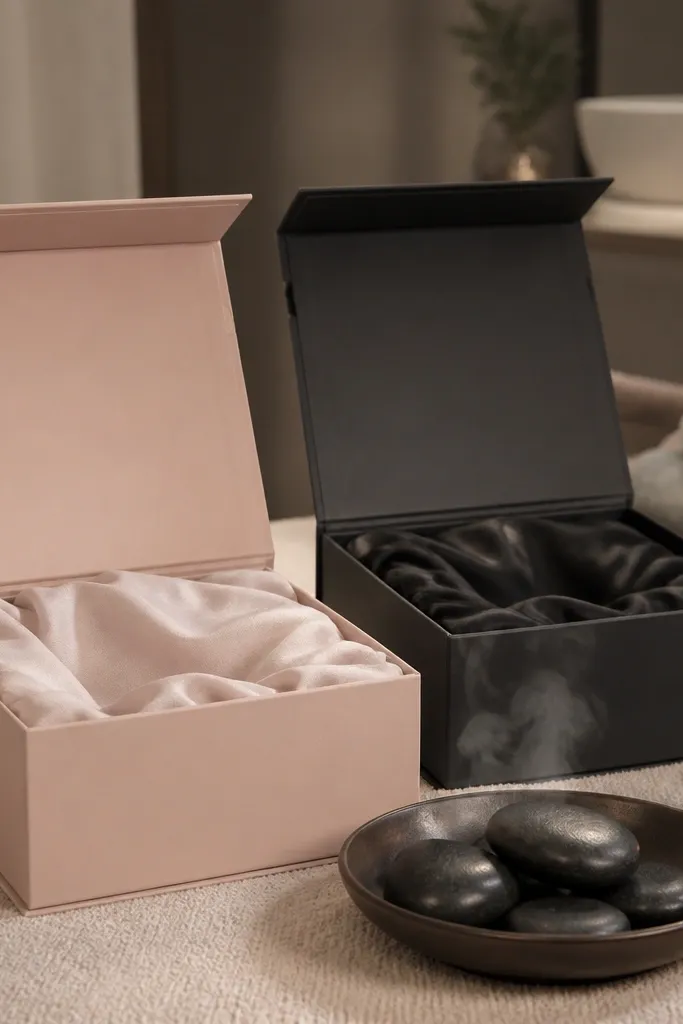 Flip-top gift box with spa items and a warm stone setup on a tray
