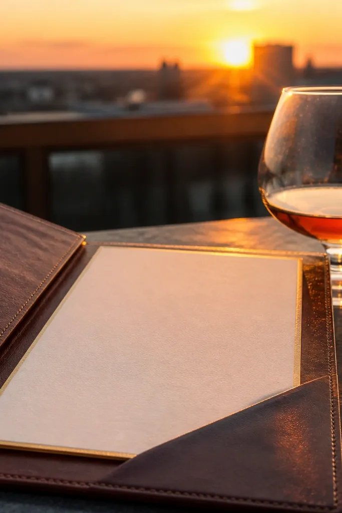 Leather folder open with a card, with cognac glasses at sunset