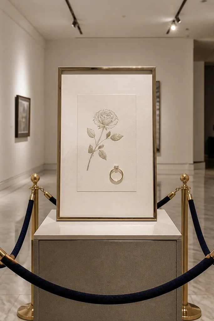 Proposal card in a thin frame beside art gallery walls