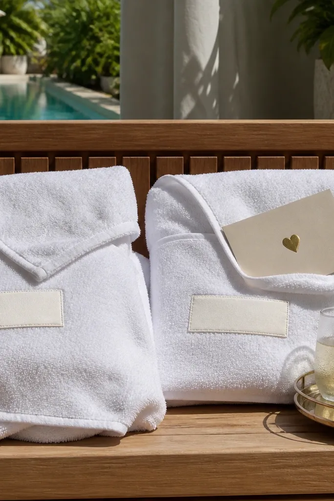 White and navy towels wrapped neatly with name tags on a cabana table
