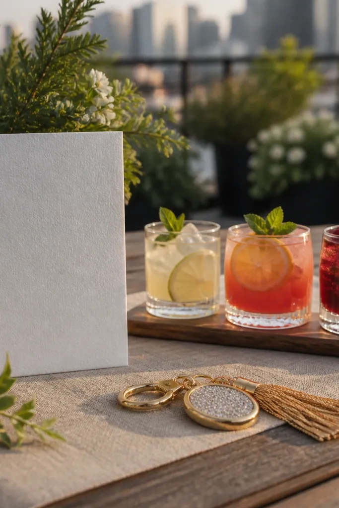 Metal keychain on a card with mocktail glasses on a rooftop garden table
