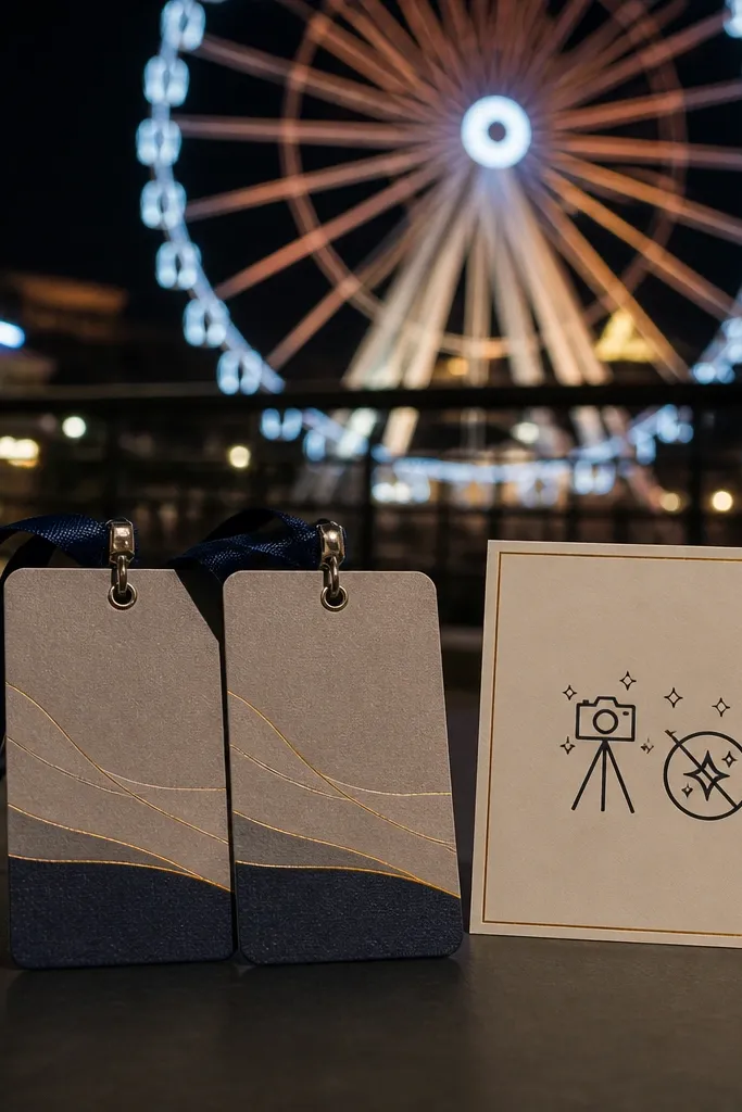 Night skyline with ferris wheel tickets and dark suit sleeves in frame
