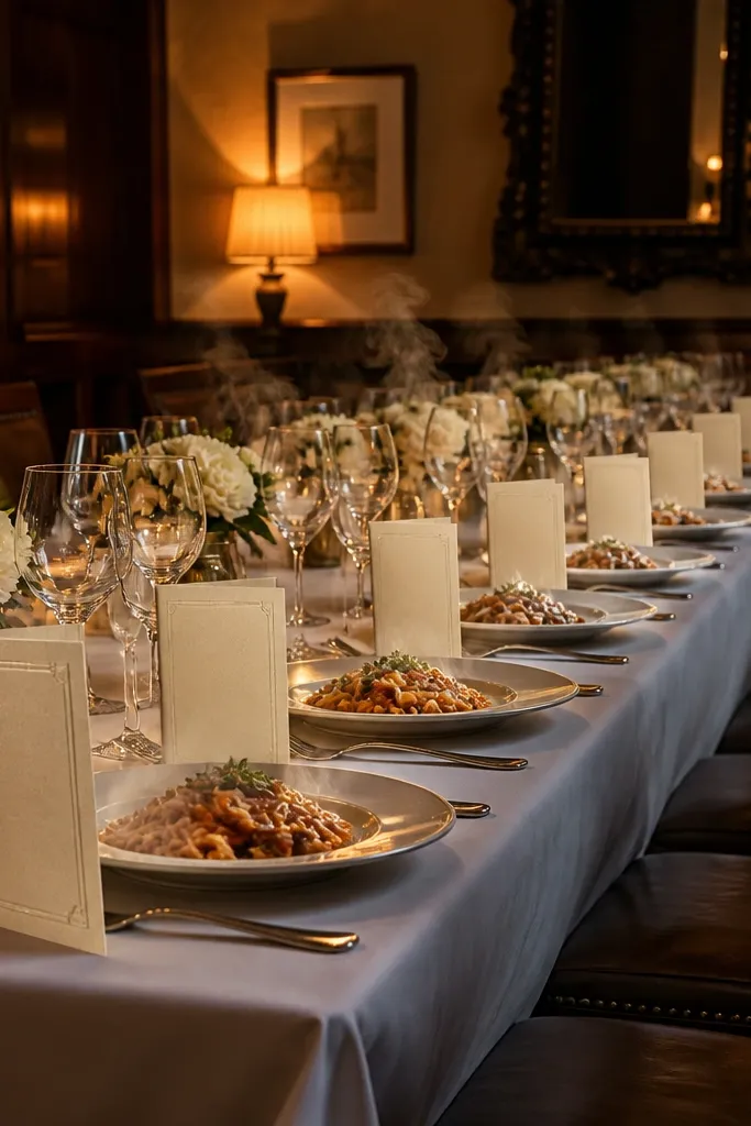 Pasta bowls on a long table with menu cards showing names