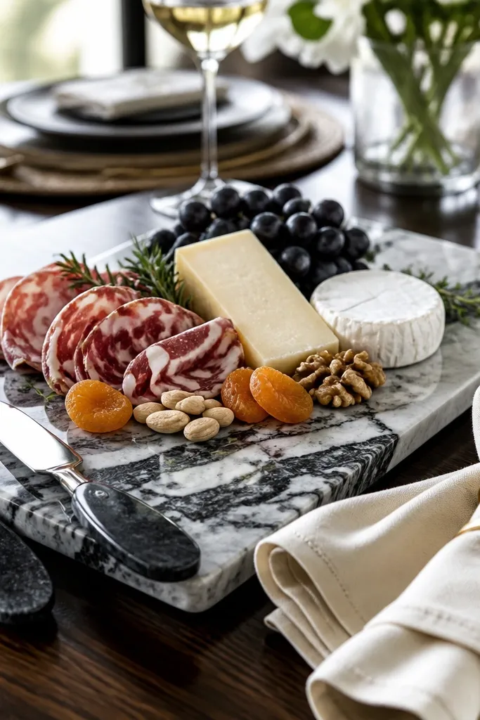 Marble charcuterie board with monogram napkin rings and wine glasses