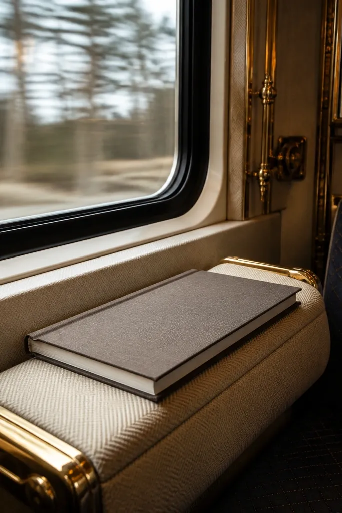 Hardcover booklet on a train seat with warm lighting and luggage tags