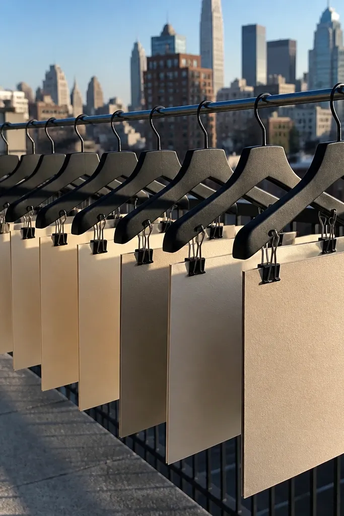 Suit hangers on a rooftop line with thick proposal cards clipped on