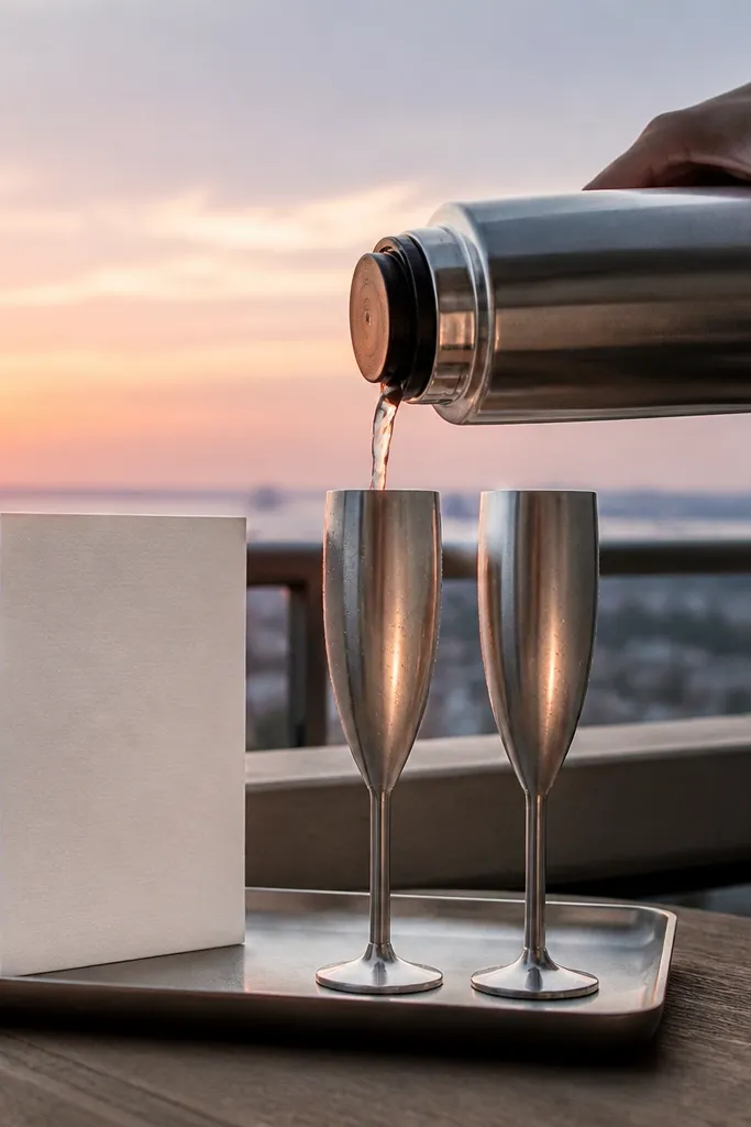 Thermos cups with champagne and thick cards on a sunrise overlook