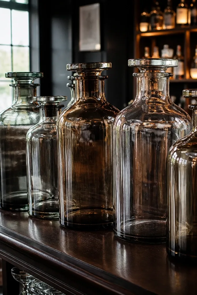 Clear tall glass bottles grouped on a bar with cream napkins