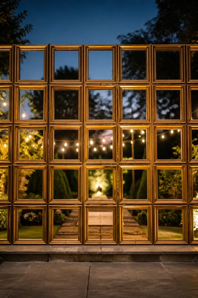 Gold frames arranged in a grid with cream fabric behind them