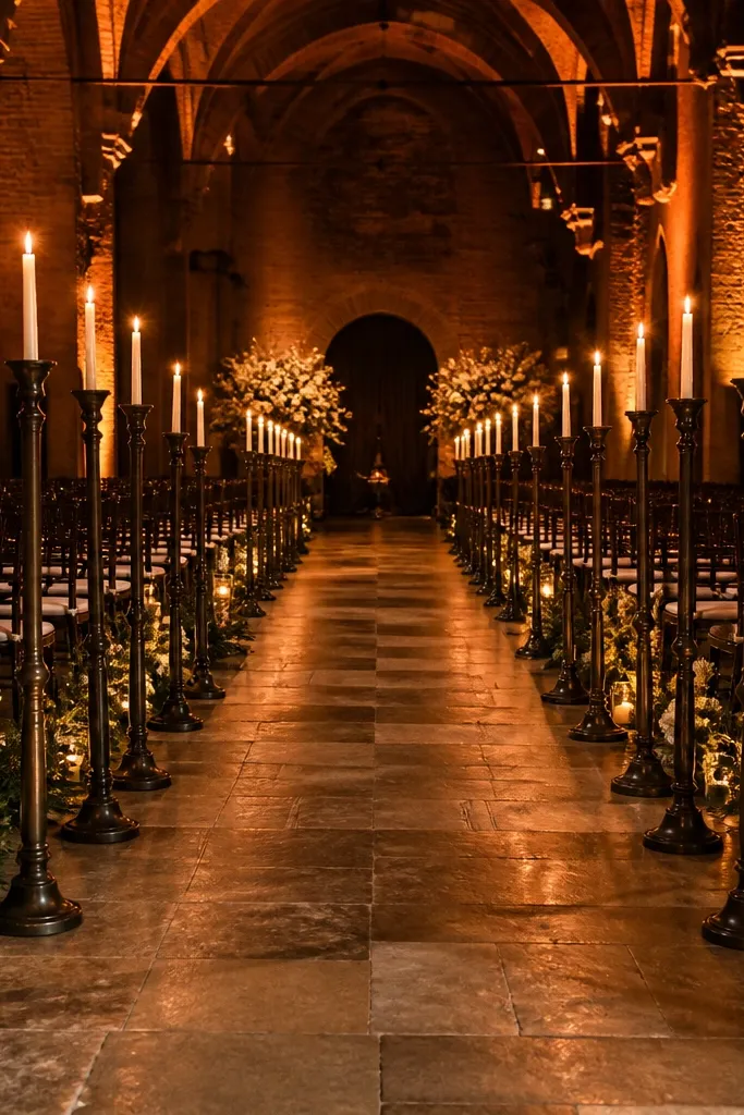 Tall dark candleholders lining an aisle with cream candles