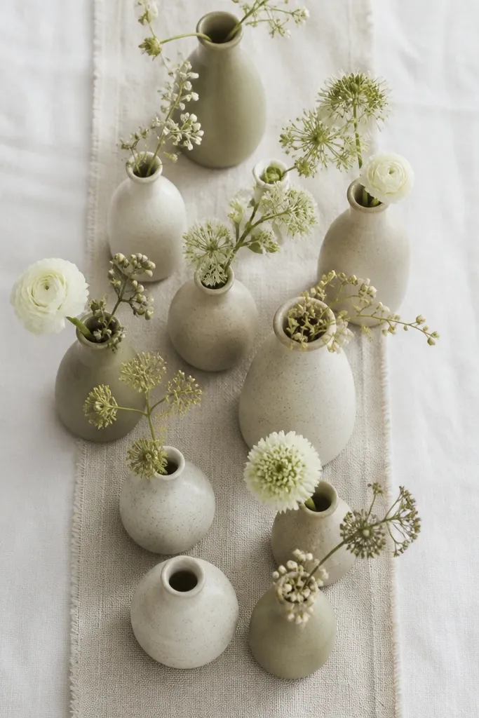 Monochrome ceramic bud vases with single stems on a table