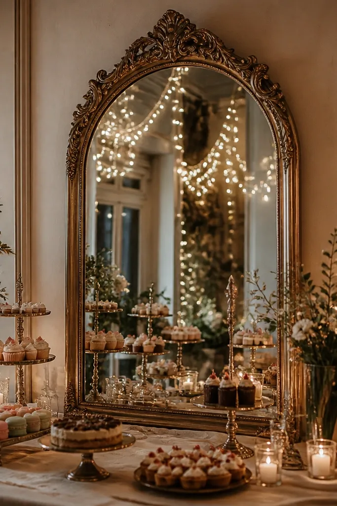 A vintage mirror leaning behind a dessert table with warm candlelight