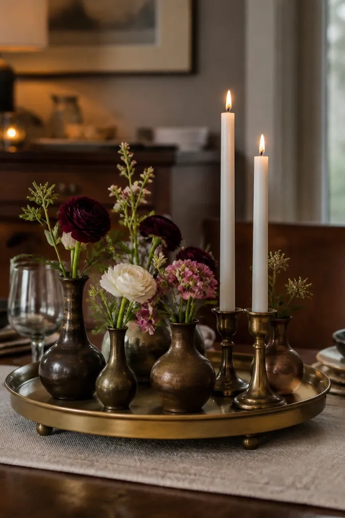Brass trays with candles and greenery arranged on a reception table