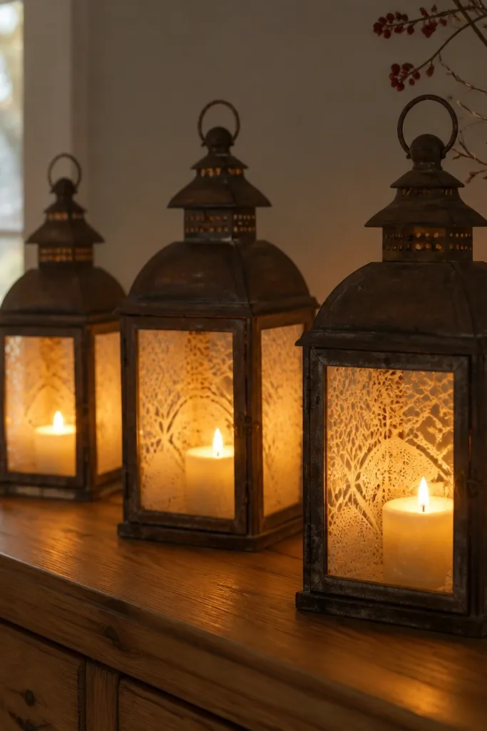 Metal lanterns with doily liners and warm candles glowing inside