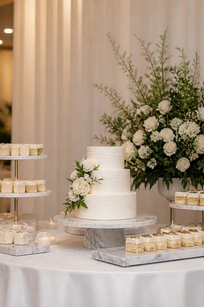 Marble-look tray with a small cake, candles, and greenery on a cream cloth