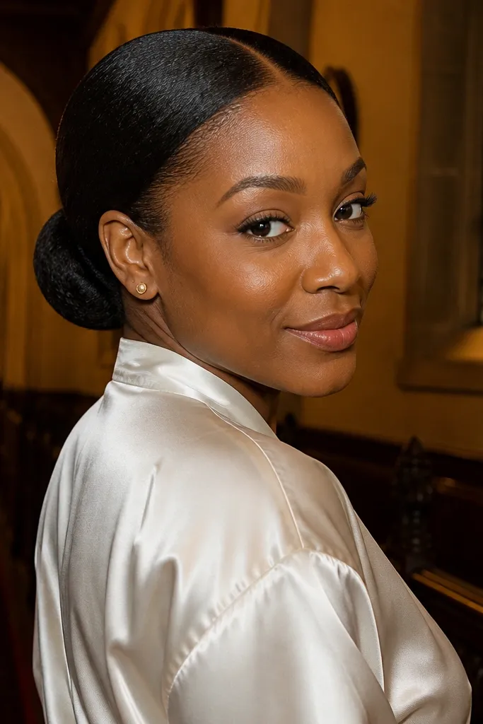 Center-parted hair smoothed into a low bun at the nape with glossy finish