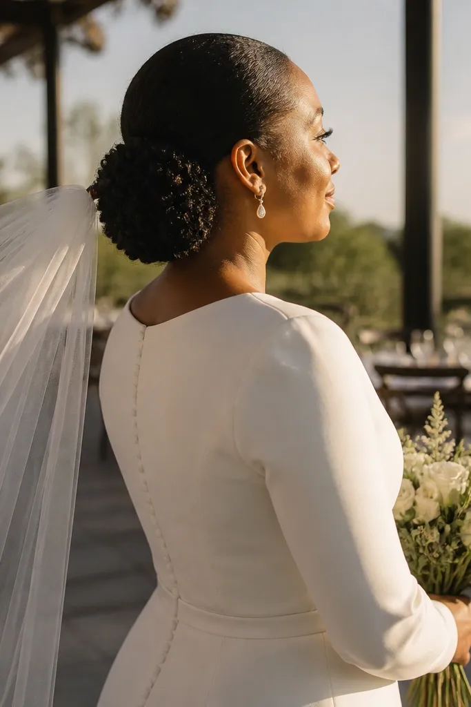 Low bun with tiny coiled sections and soft curls peeking near the ends