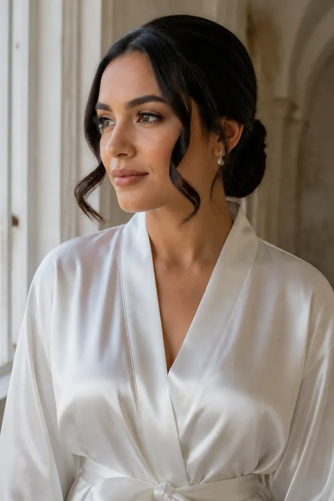 Low bun with two front curled pieces framing the face like a soft halo