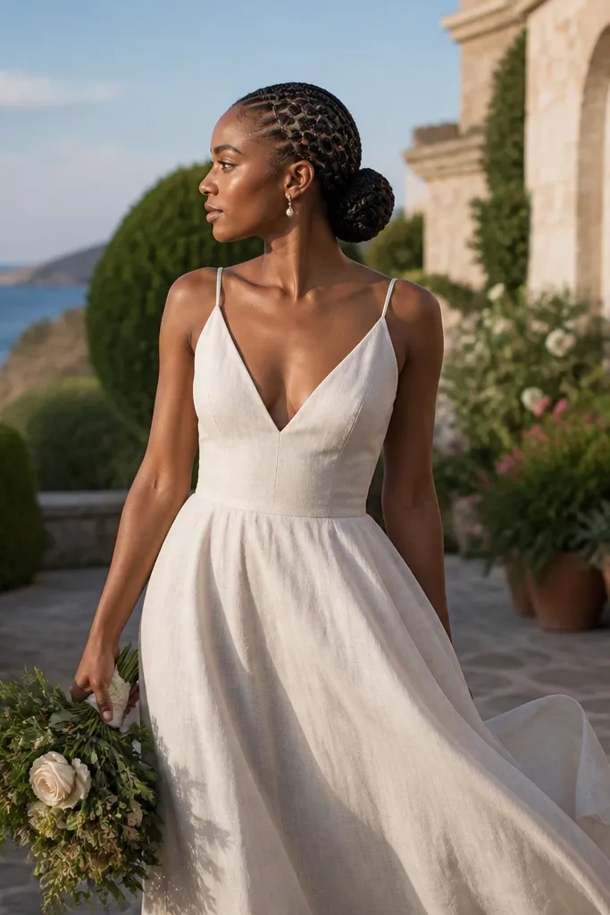 Low bun with braided sections near the roots creating a honeycomb pattern
