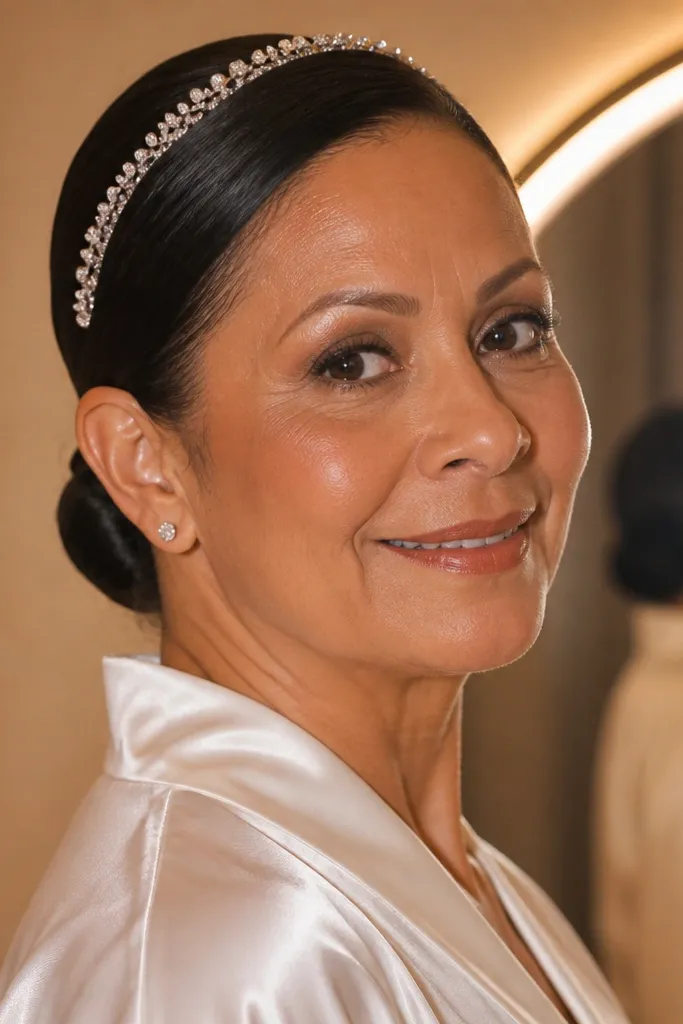 Low bun with a beaded headband across the hairline and neat edges