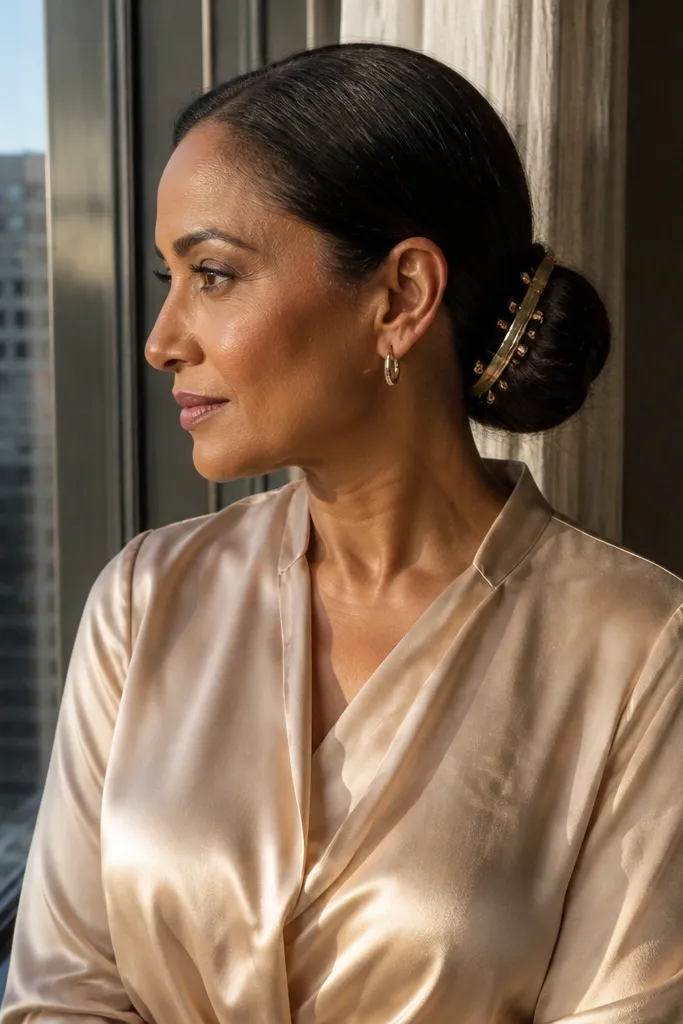 Low bun with a gold-toned pin cuff at the side and smooth hairline