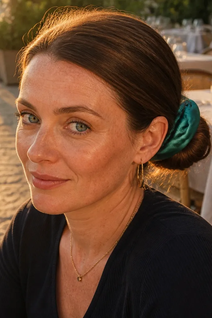 Low bun with a satin scarf wrapped around the base in a neat bow