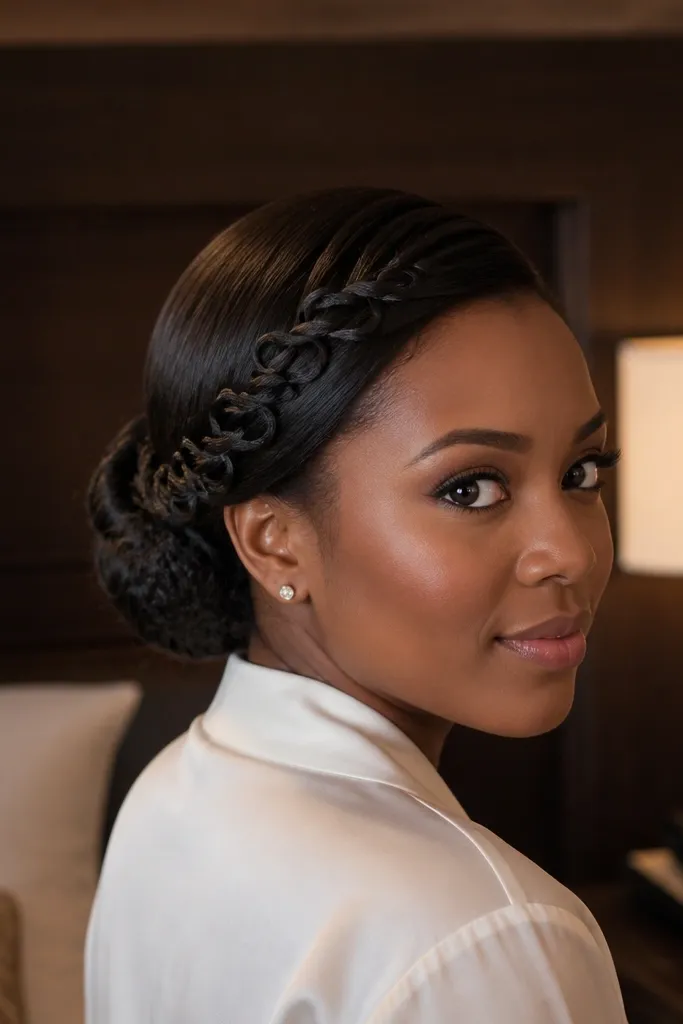 Low bun made from twists tucked neatly with small loop sections visible