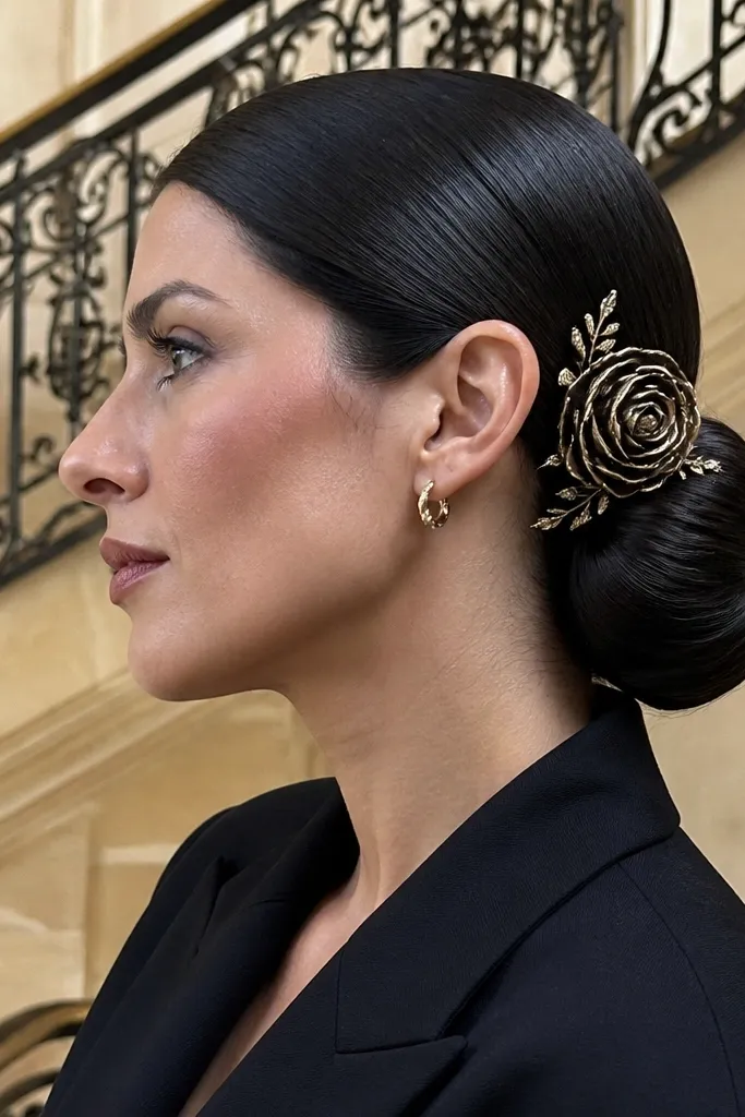 Low bun with high shine and a rose-like pin pattern near the side