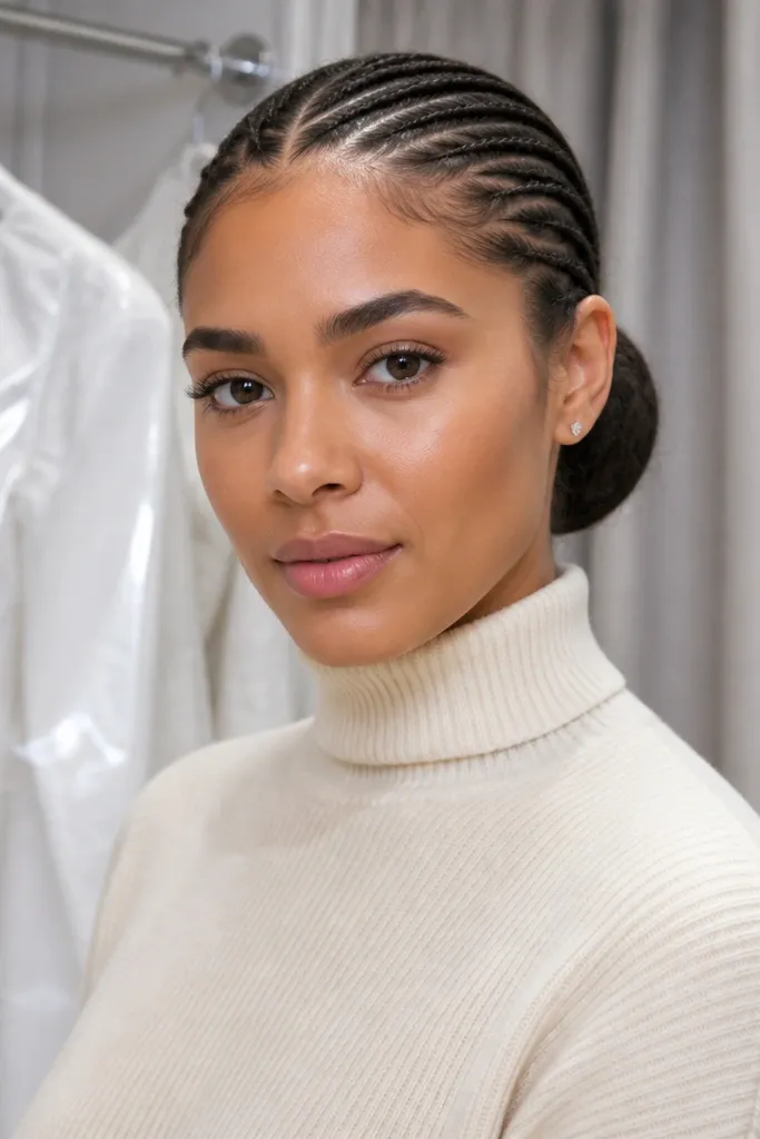 Low bun with thin micro-braid rows along the front hairline