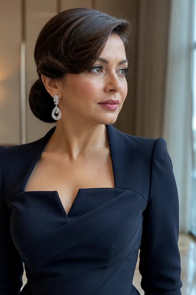 Low bun with a rolled bang section swept to the side
