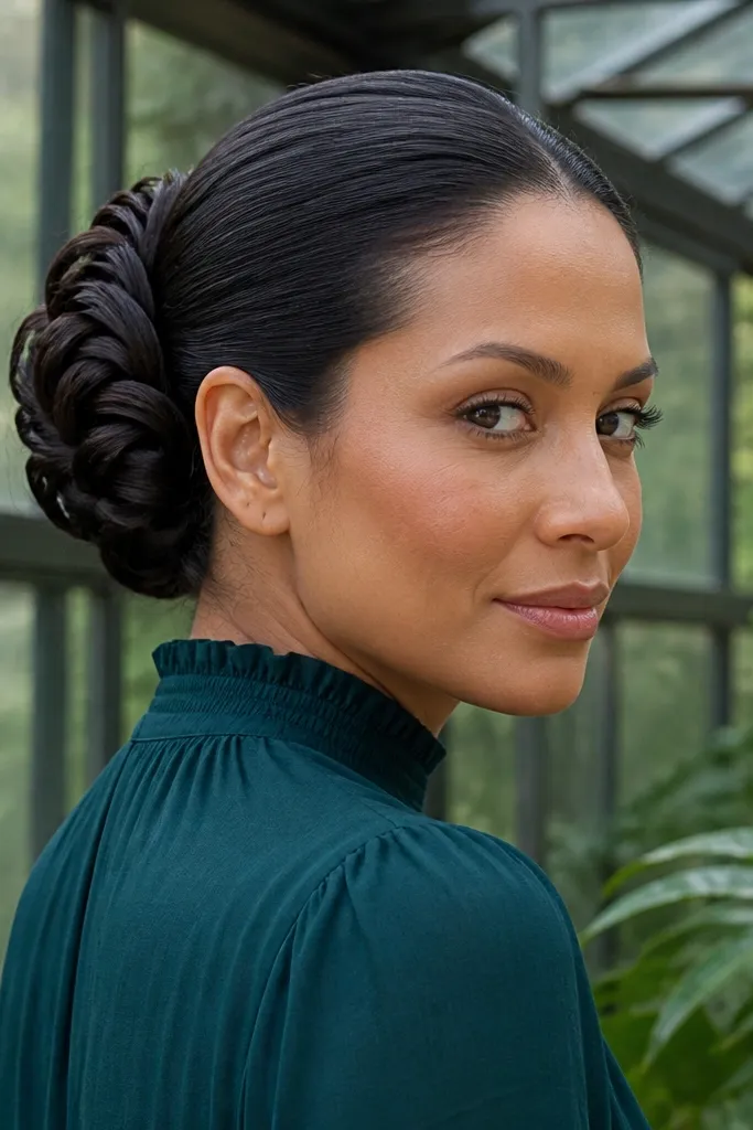 Low bun made of twisted sections tucked into a flower-like pattern