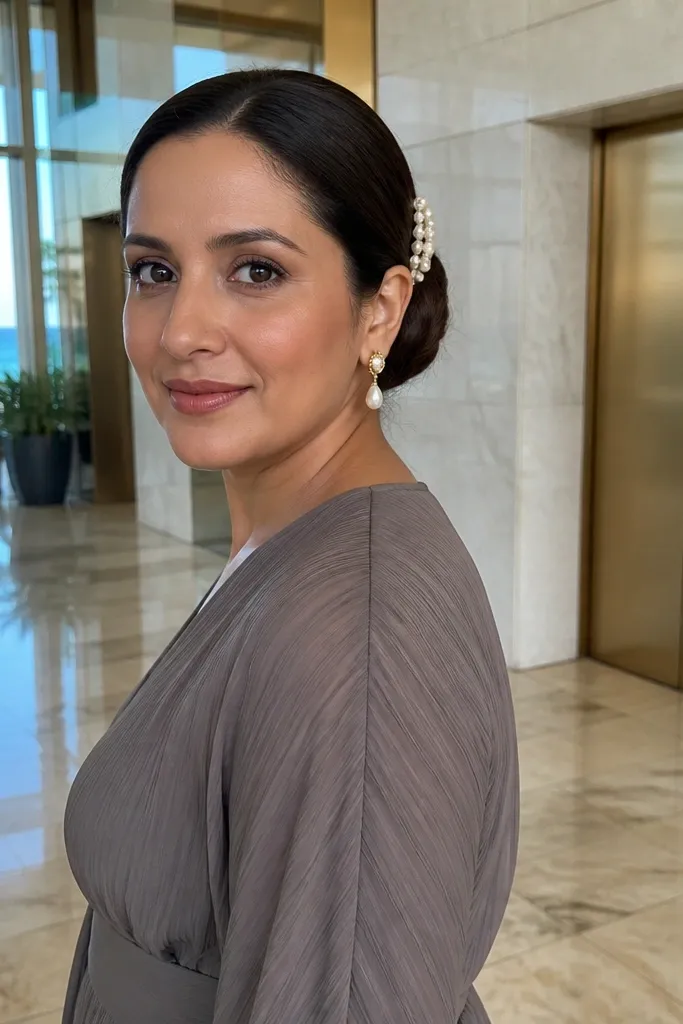 Low bun with a pearl side comb tucked into the bun edge