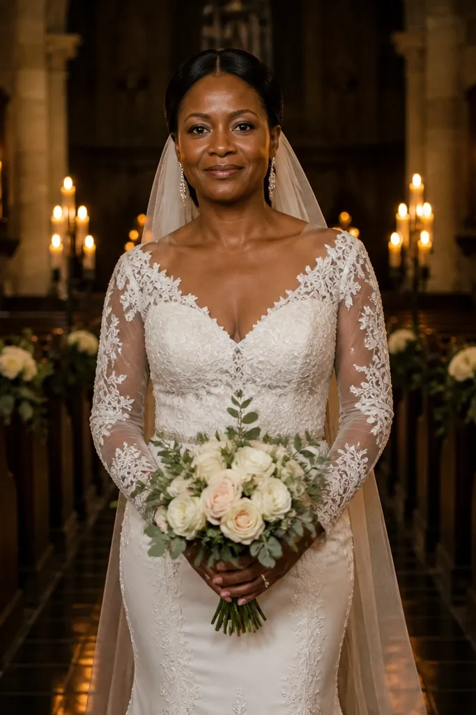 Low bun with visible veil attachment points tucked into the back