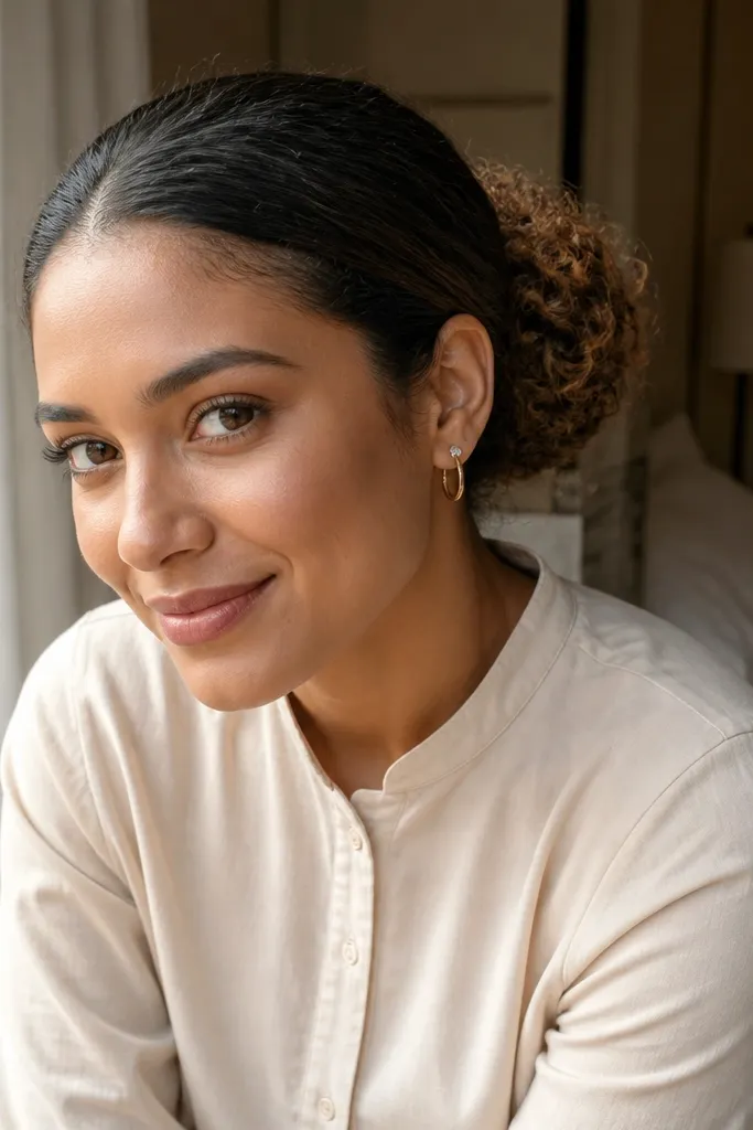 Low bun with defined curls and subtle light-toned highlights throughout