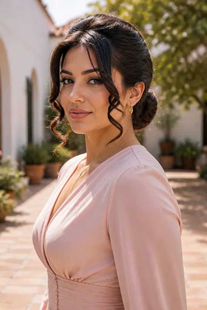 Low bun with a soft puff at the crown and curled fringe in front