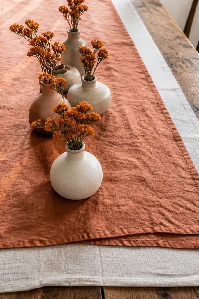 Terracotta linen runner layered over cream fabric on a rustic table with candles